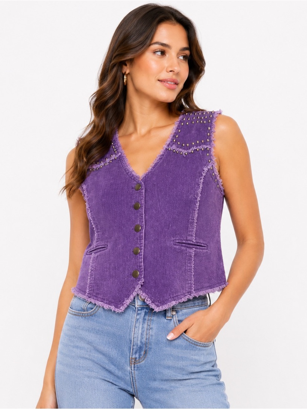 Cousin Couture Size Large Purple Corduroy Studded Button-Front‎ Vest